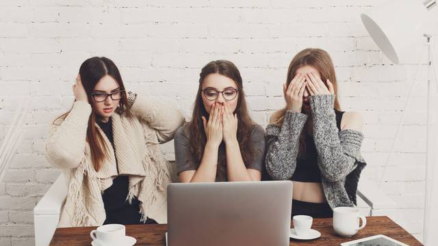 Three,Young,Women,With,Computer,Showing,Blind,,Deaf:,Three,Wise