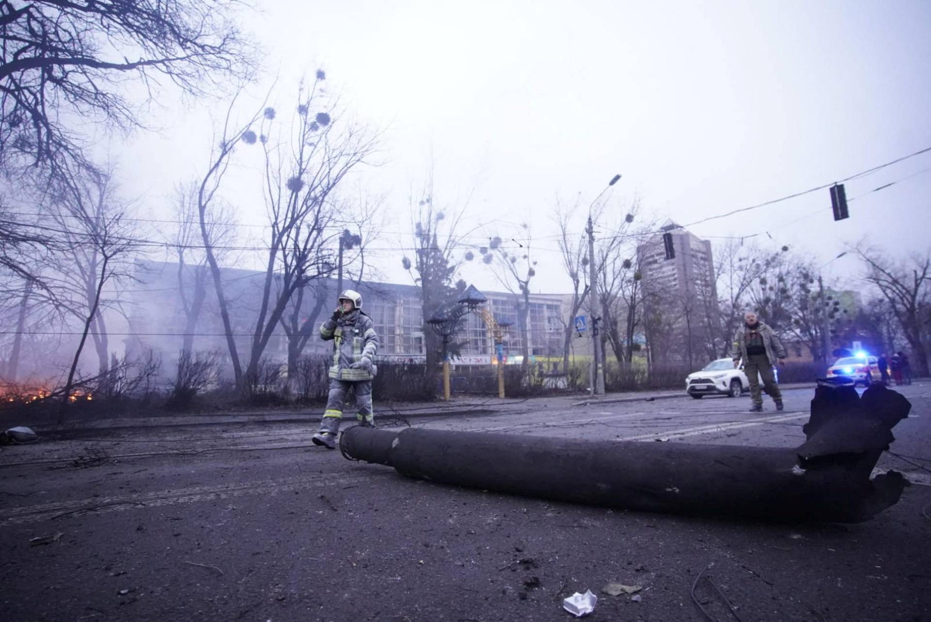 A view shows an affected area following an attack on a television tower in Kyiv