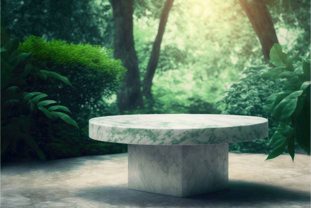 Empty marble table in natural green garden outdoor.