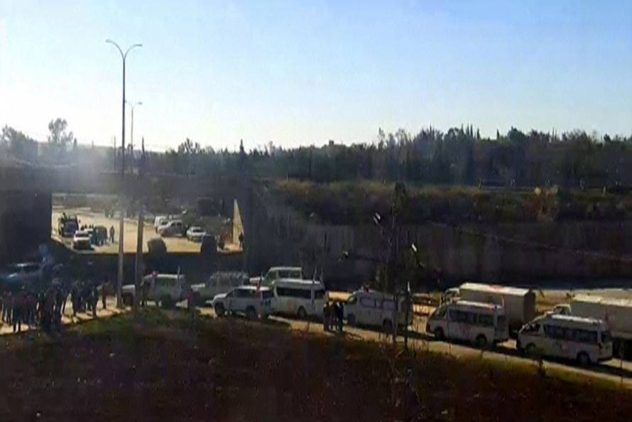 A still image shows eastern quarters of Aleppo