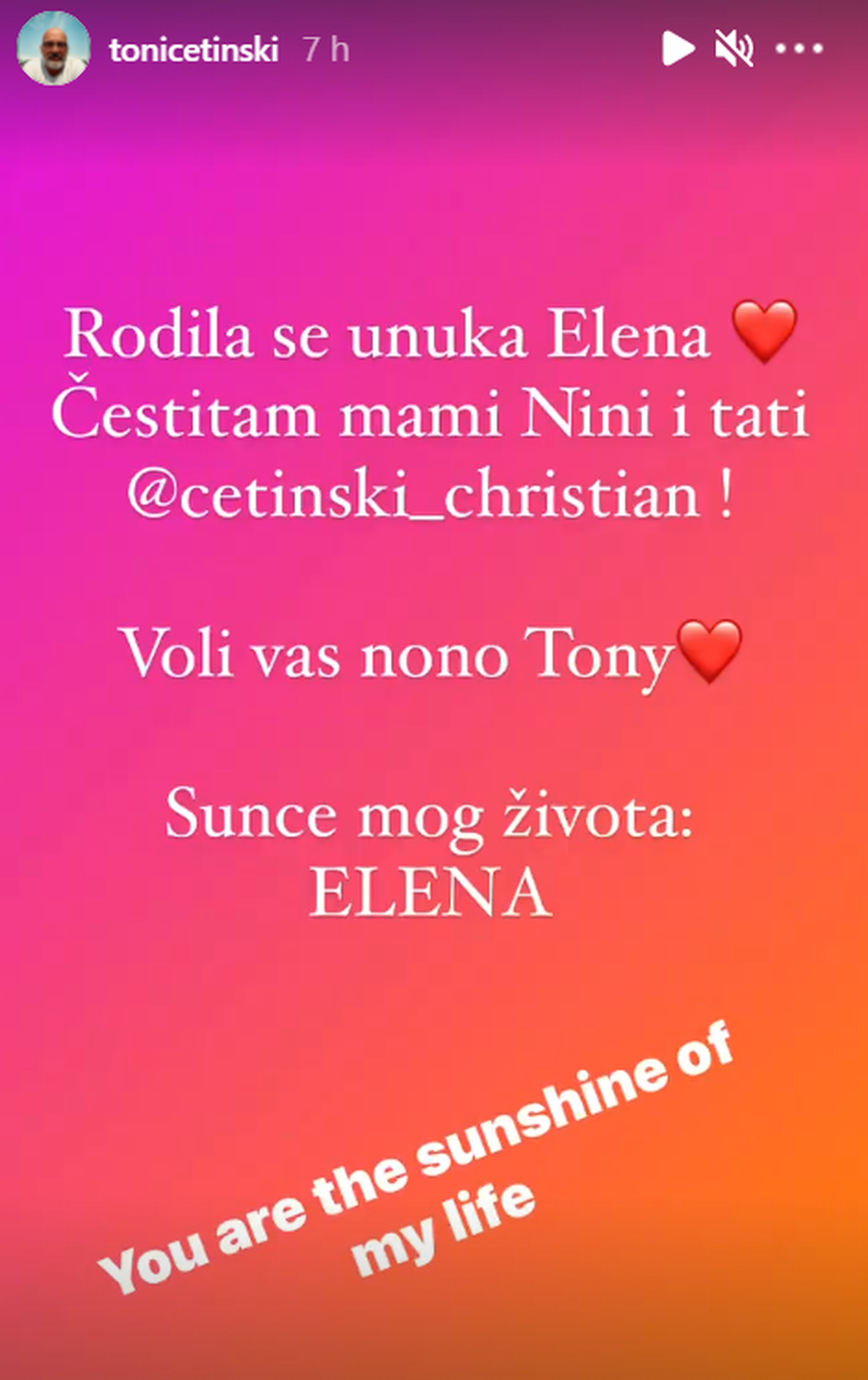 Tony Cetinski potvrdio sretnu vijest: 'Rodila se unuka Elena'