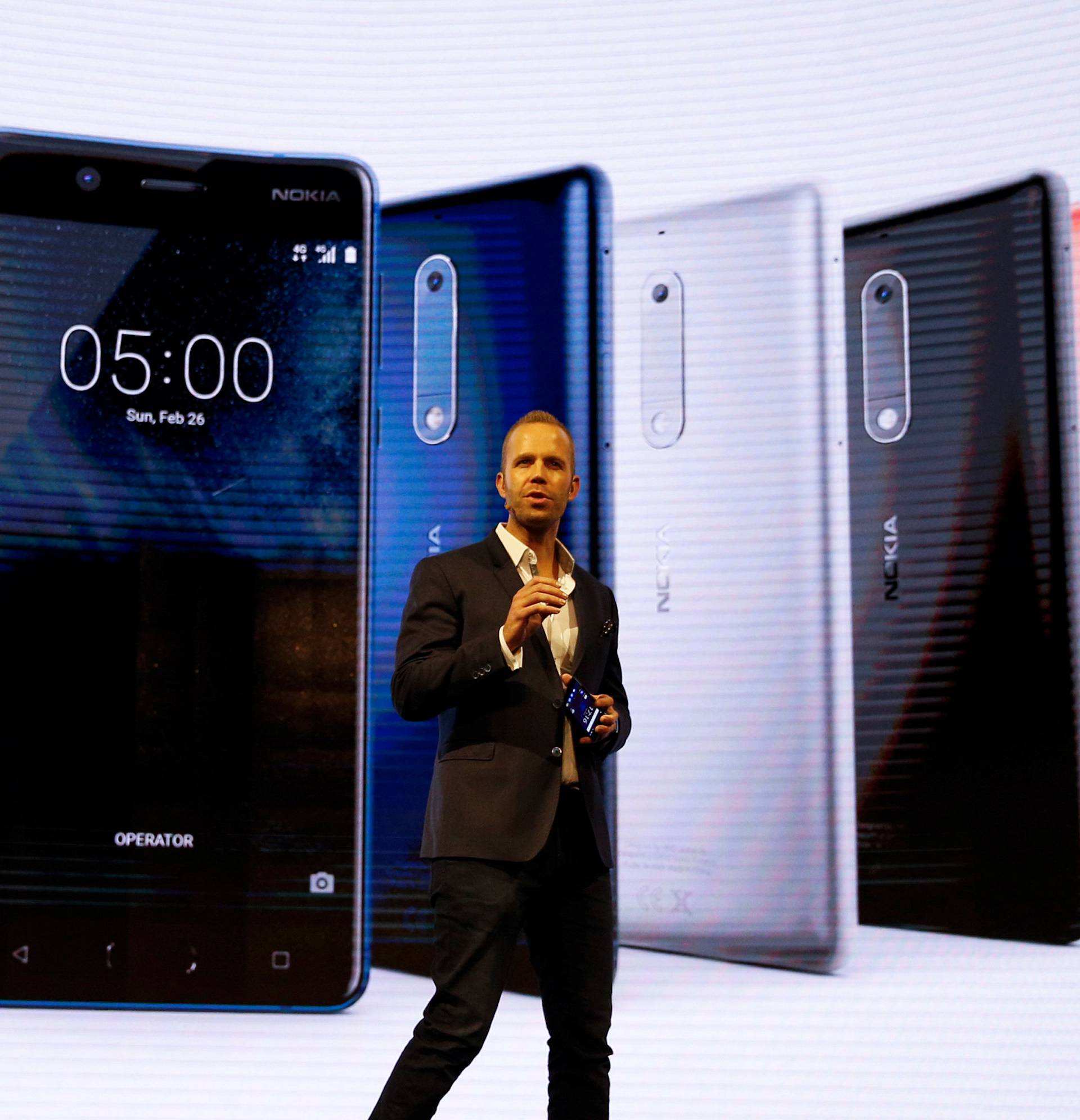 Sarvikas, Chief Product Officer of Nokia-HMD, speaks during presentation ceremony of Nokia 5 device at Mobile World Congress in Barcelona