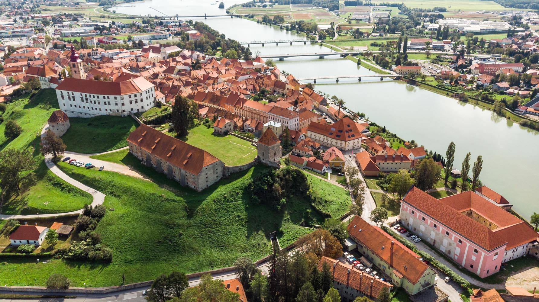 Ptuj Grad in Slovenia, Historic Old Town and Castle. Aerial Dron