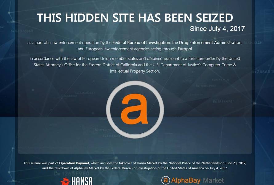 U.S. Justice Department screen image after it had shut down the dark web marketplace AlphaBay