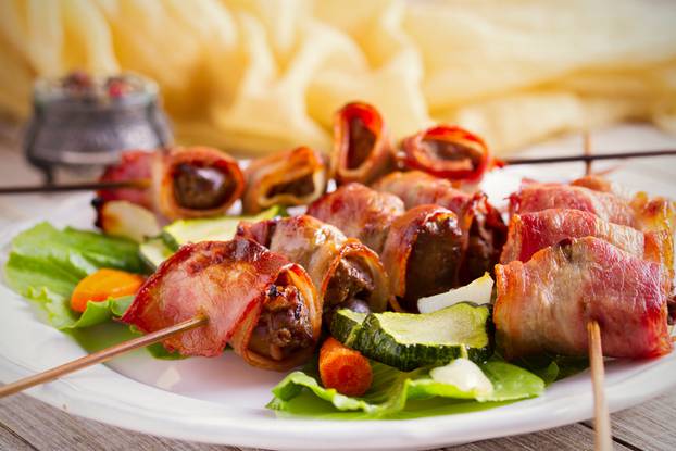 Chicken,Liver,Wrapped,With,Bacon,On,Skewers.,Grilled,Liver,Kebabs