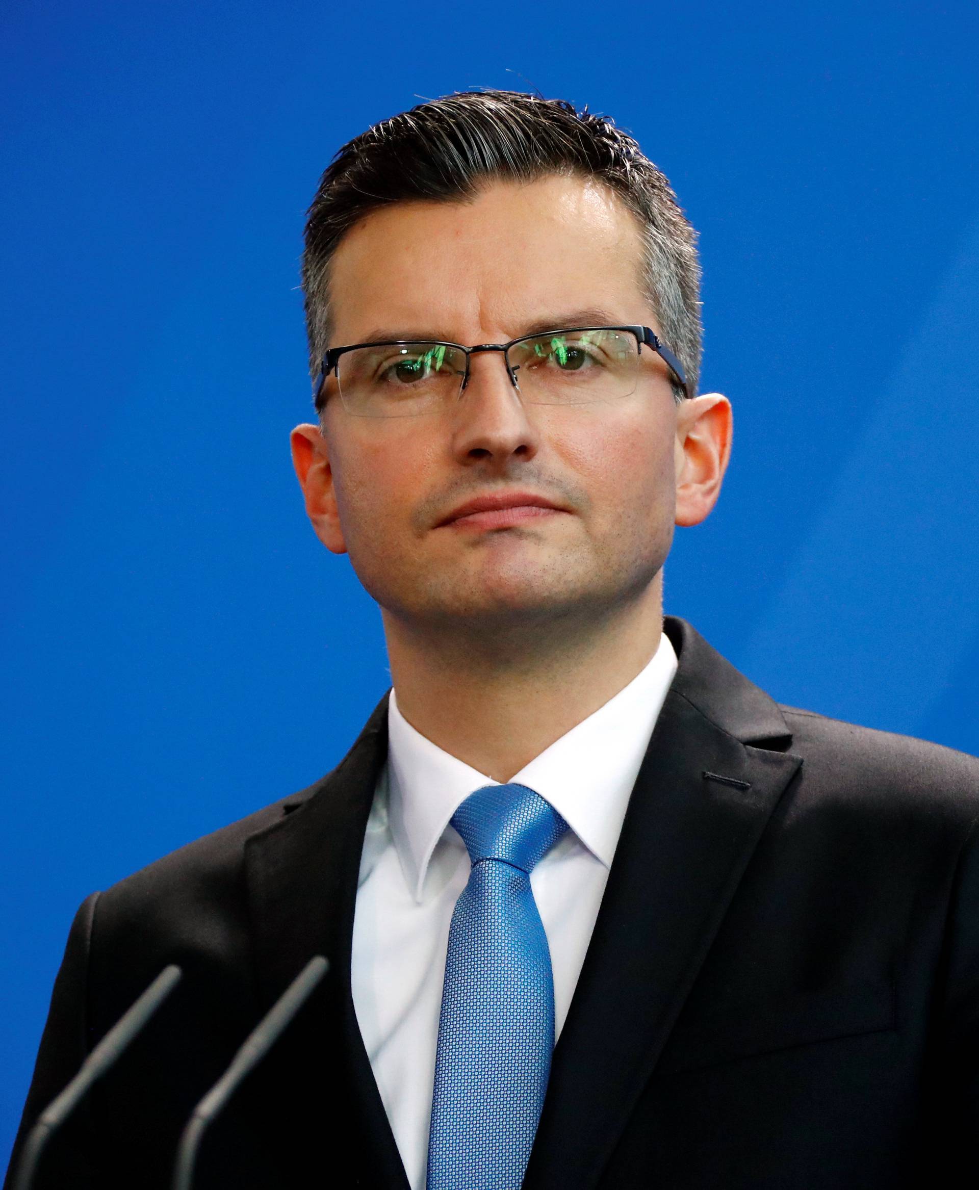 Slovenian Prime Minister Marjan Sarec looks on during a news conference after meeting German Chancellor Angela Merkel in Berlin