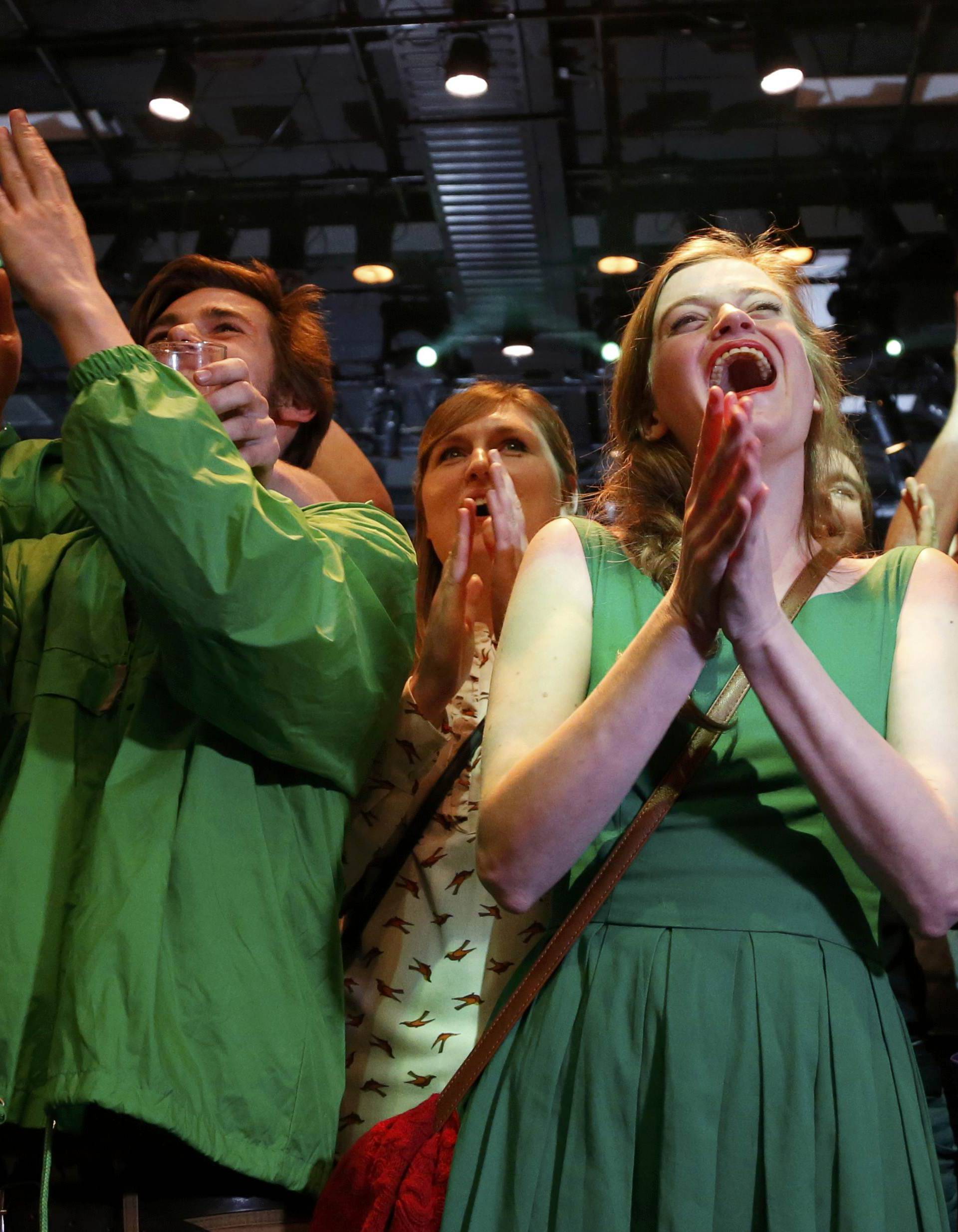 Green Party supporters celebrate gains in exit polls in The Hague