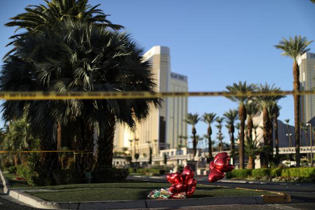 A makeshift memorial is seen next to the site of the Route 91 music festival mass shooting outside the Mandalay Bay Resort and Casino in Las Vegas