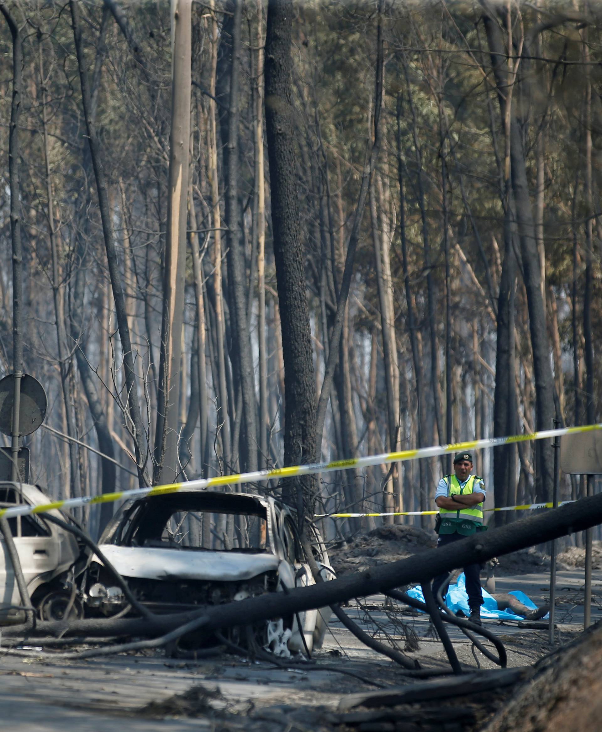 A policeman stands beside the body of a victim of a forest fire in Figueiro dos Vinhos