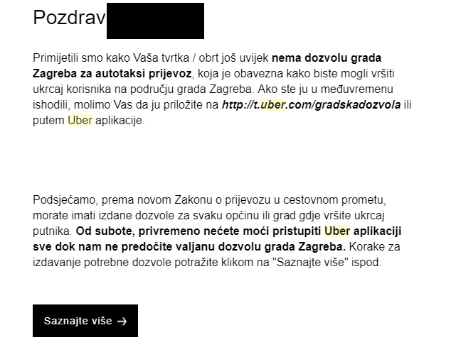 Nema dozvole, nema vožnje: Uber blokira vozače u Zagrebu