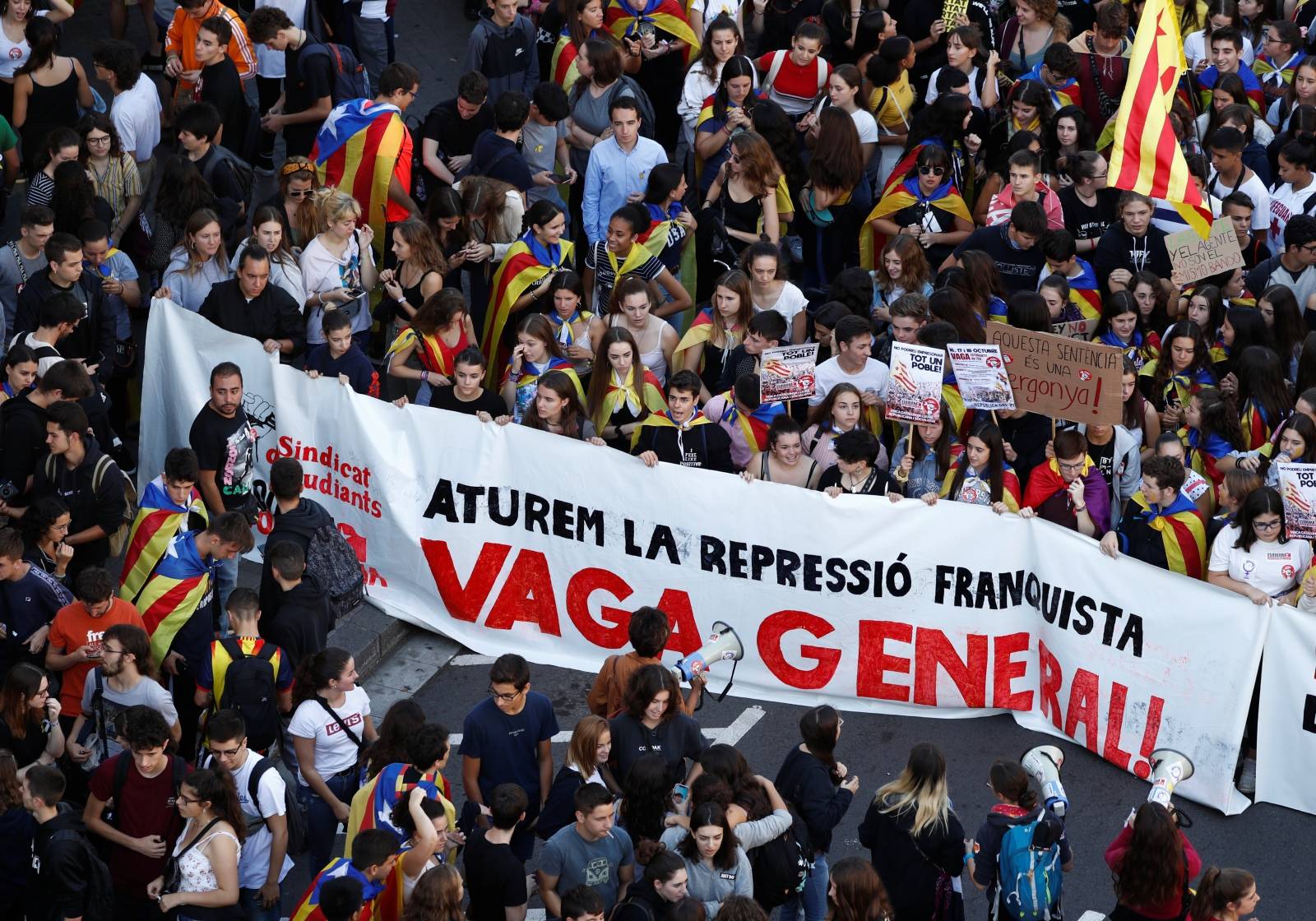 People gather for a protest in Barcelona