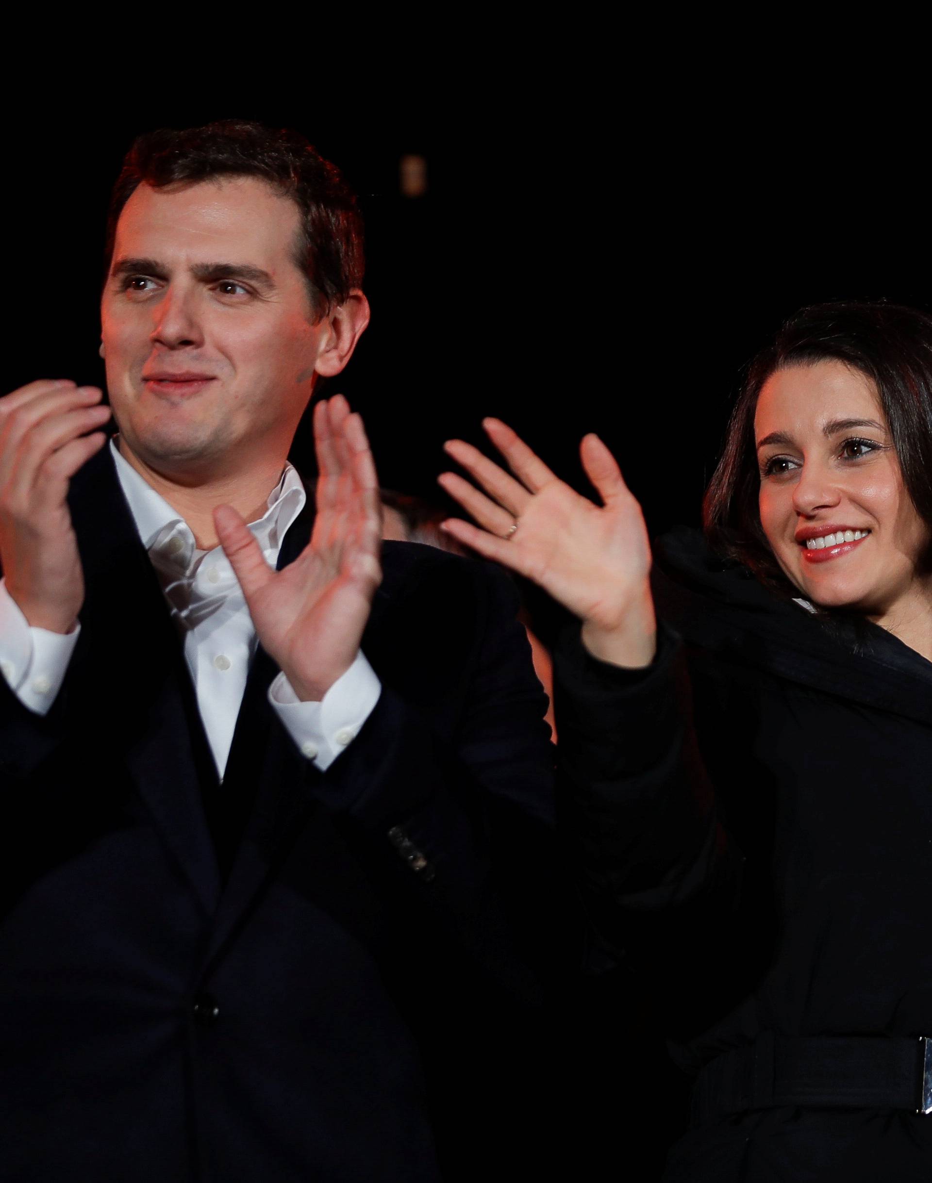 Catalan Ciudadanos leader Ines Arrimadas waves at a Ciudadanos rally after results were announced in Catalonia's regional elections in Barcelona