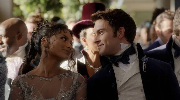 Simone Ashley and Jonathan Bailey Los Angeles.CA.USA. Simone Ashley and Jonathan Bailey in a scene in the (C) Netflix ro