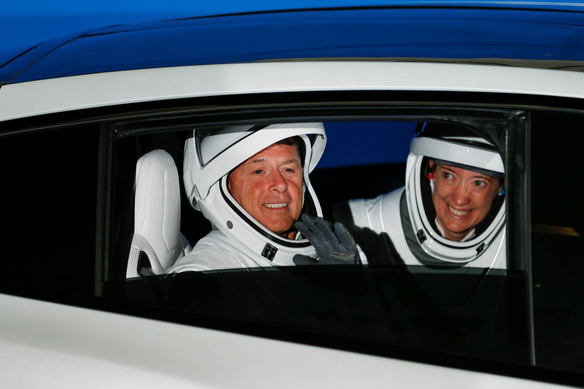 NASA astronauts Shane Kimbrough and Megan McArthur arrive for the boarding of the SpaceX Falcon 9 rocket with the Crew Dragon capsule, in Cape Canaveral