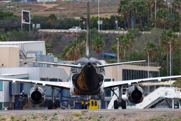A French plane carrying passengers of cruise ship MV Hondius, which was affected by a hantavirus outbreak, takes off from Tenerife Sud airport