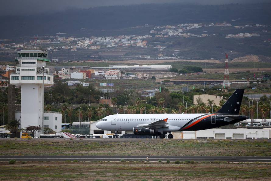 A French plane carrying passengers of cruise ship MV Hondius, which was affected by a hantavirus outbreak, takes off from Tenerife Sud airport