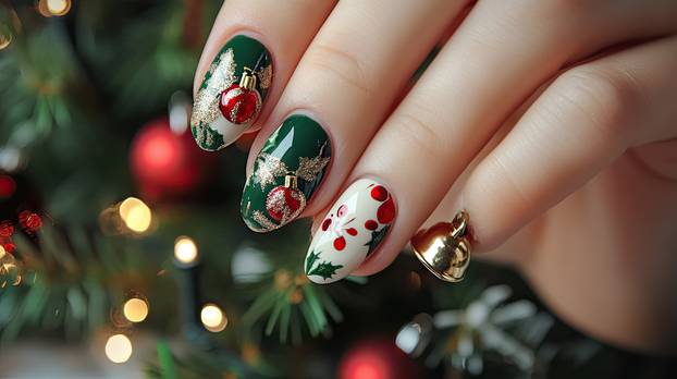 Close-up of a woman's hand with festive manicure holding a small holiday bell, with Christmas tree decorations in the background.