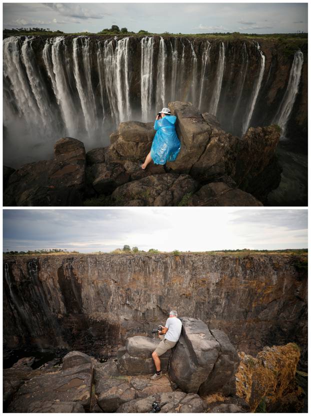A combination picture shows visitors taking pictures in front of flowing water and dry cliffs following a prolonged drought at Victoria Falls