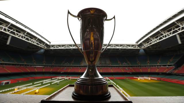 General view of a trophy on display in the Royal box inside the stadium