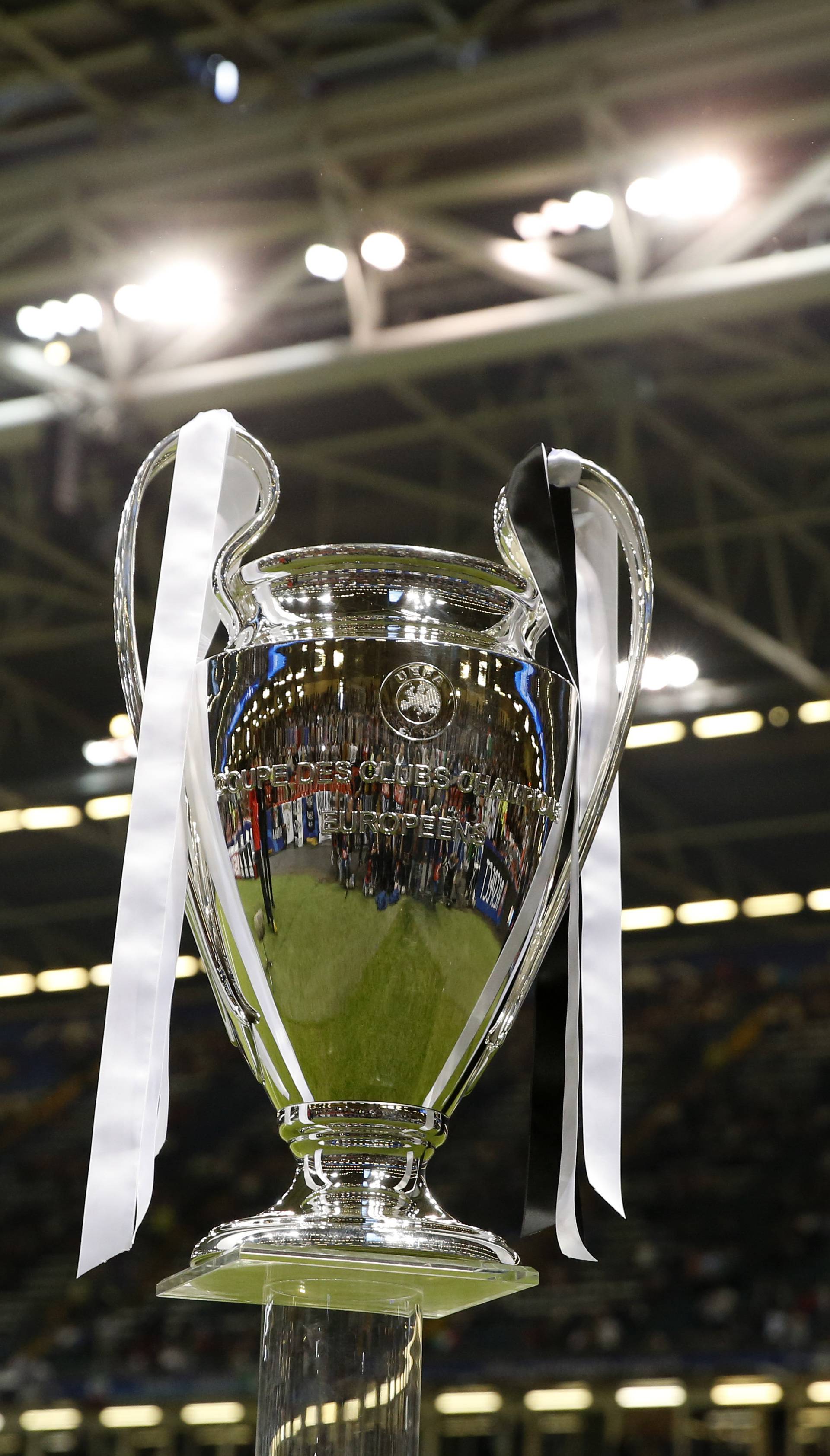 General view of the Champions League trophy before the match