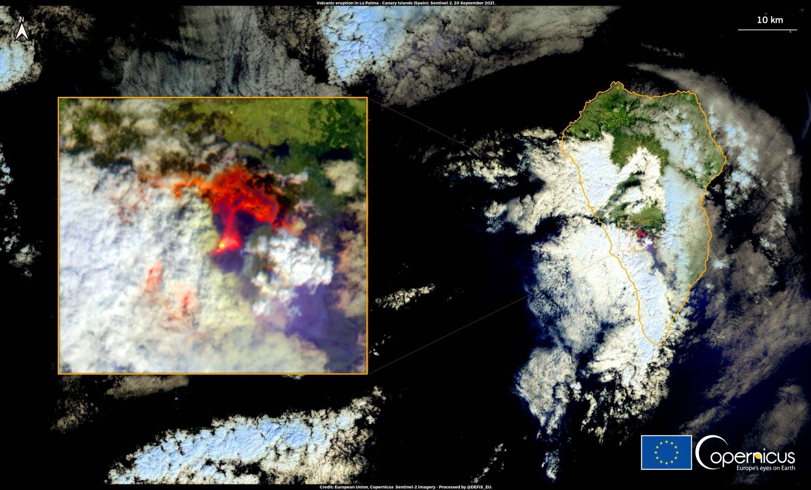 Copernicus Sentinel-2 image shows the eruption of a volcano in the Cumbre Vieja national park, on the Canary Island of La Palma