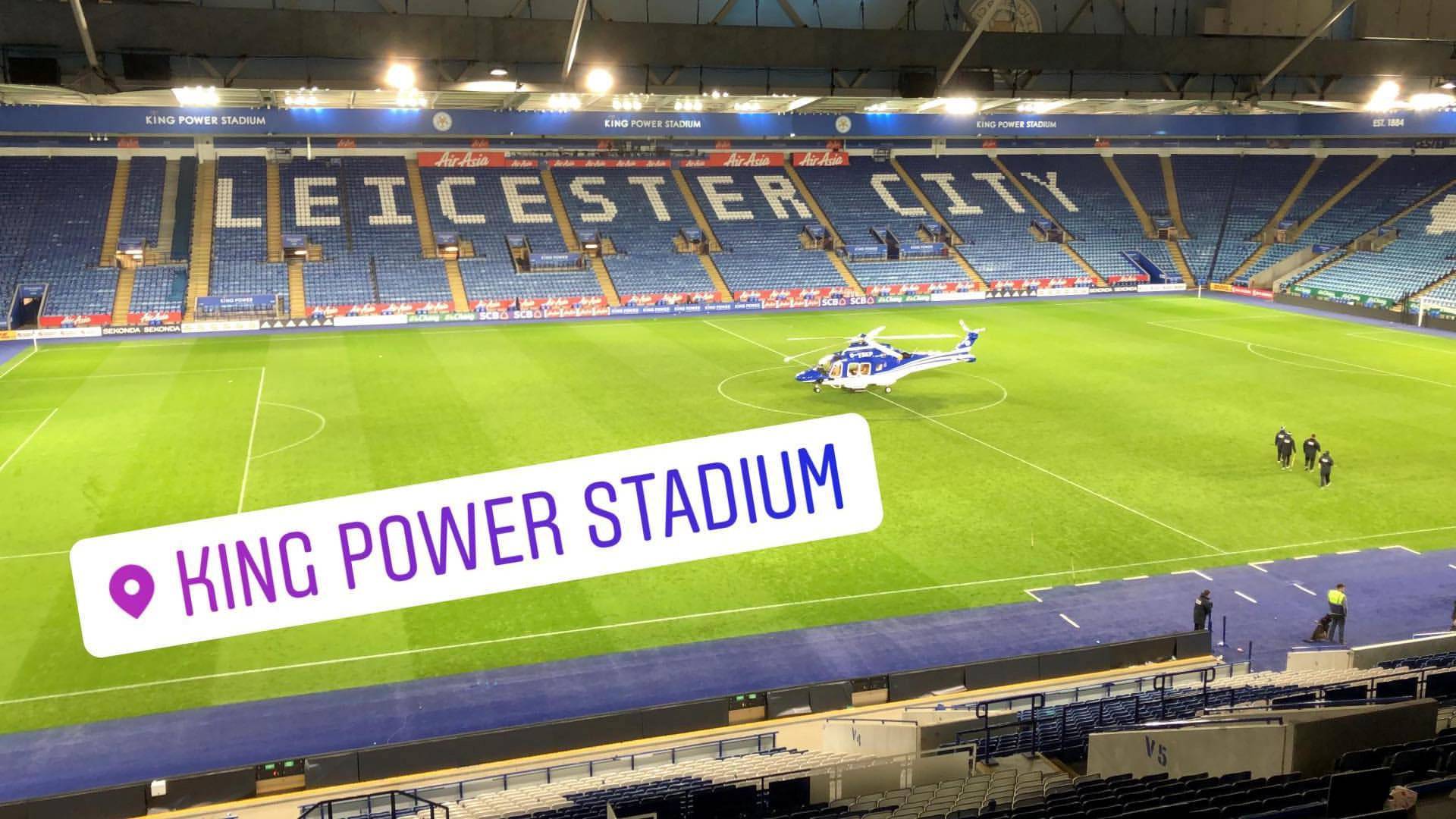 A helicopter belonging to Leicester City football club owner Vichai Srivaddhanaprabha is seen in the King Power Stadium before it crashed, in Leicester