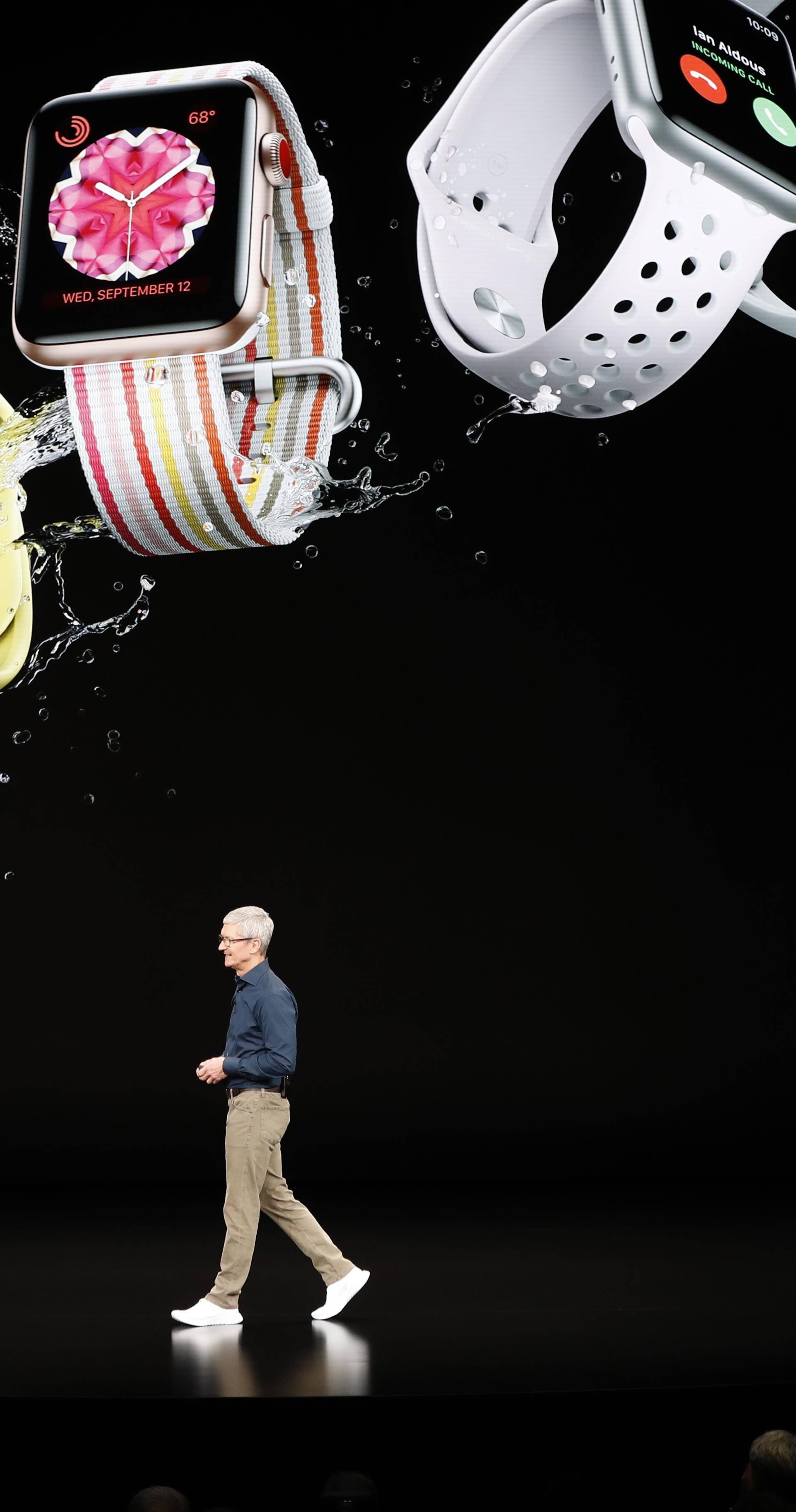 Tim Cook, CEO of Apple, speaks on stage for an Apple Inc product launch in Cupertino