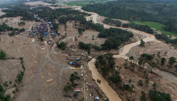 A drone view shows devastated area following deadly flash flood in Batang Toru, North Sumatra province