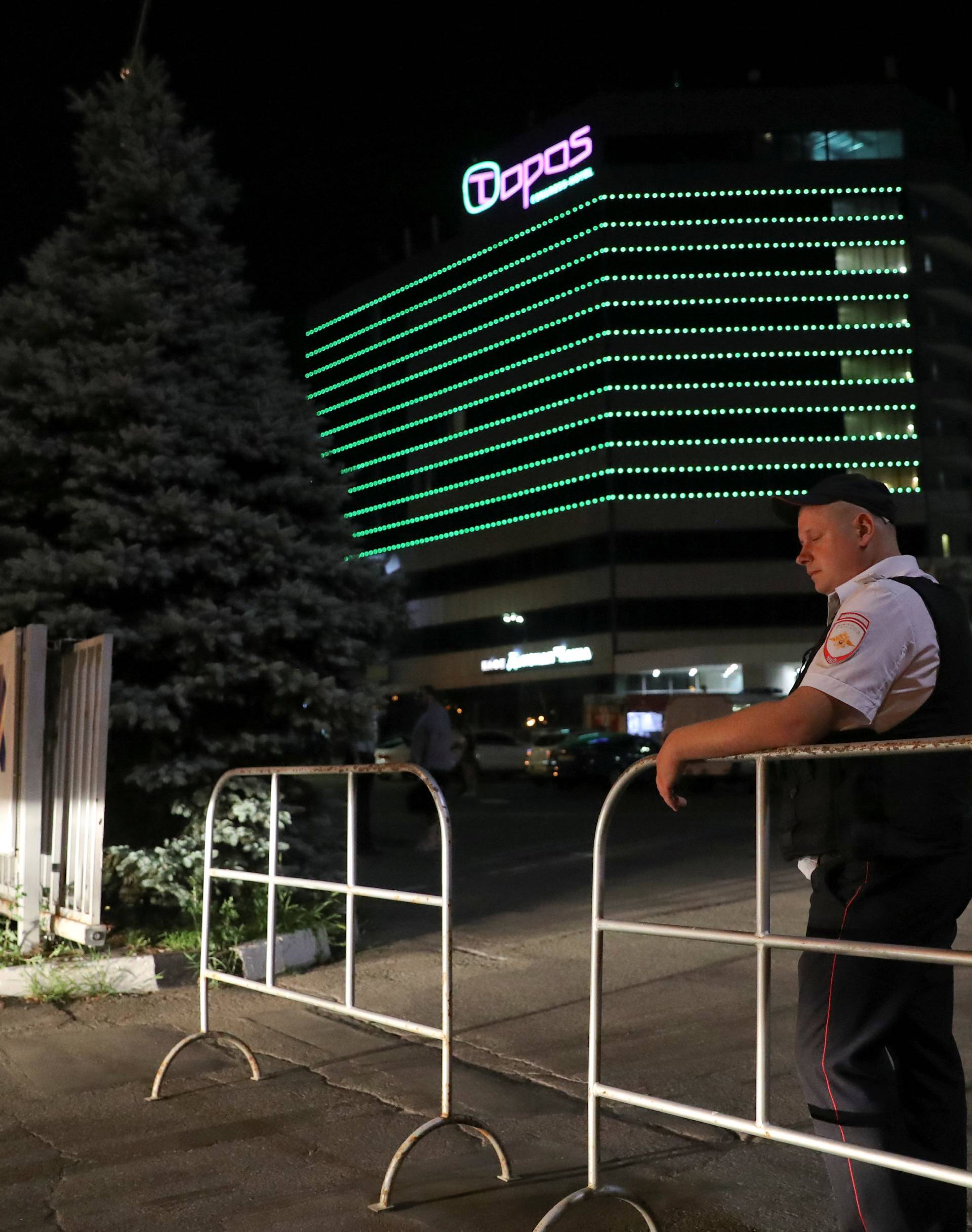 Security blocks the entrance to the Topos Congress hotel in the soccer World Cup host city of Rostov-on-Don