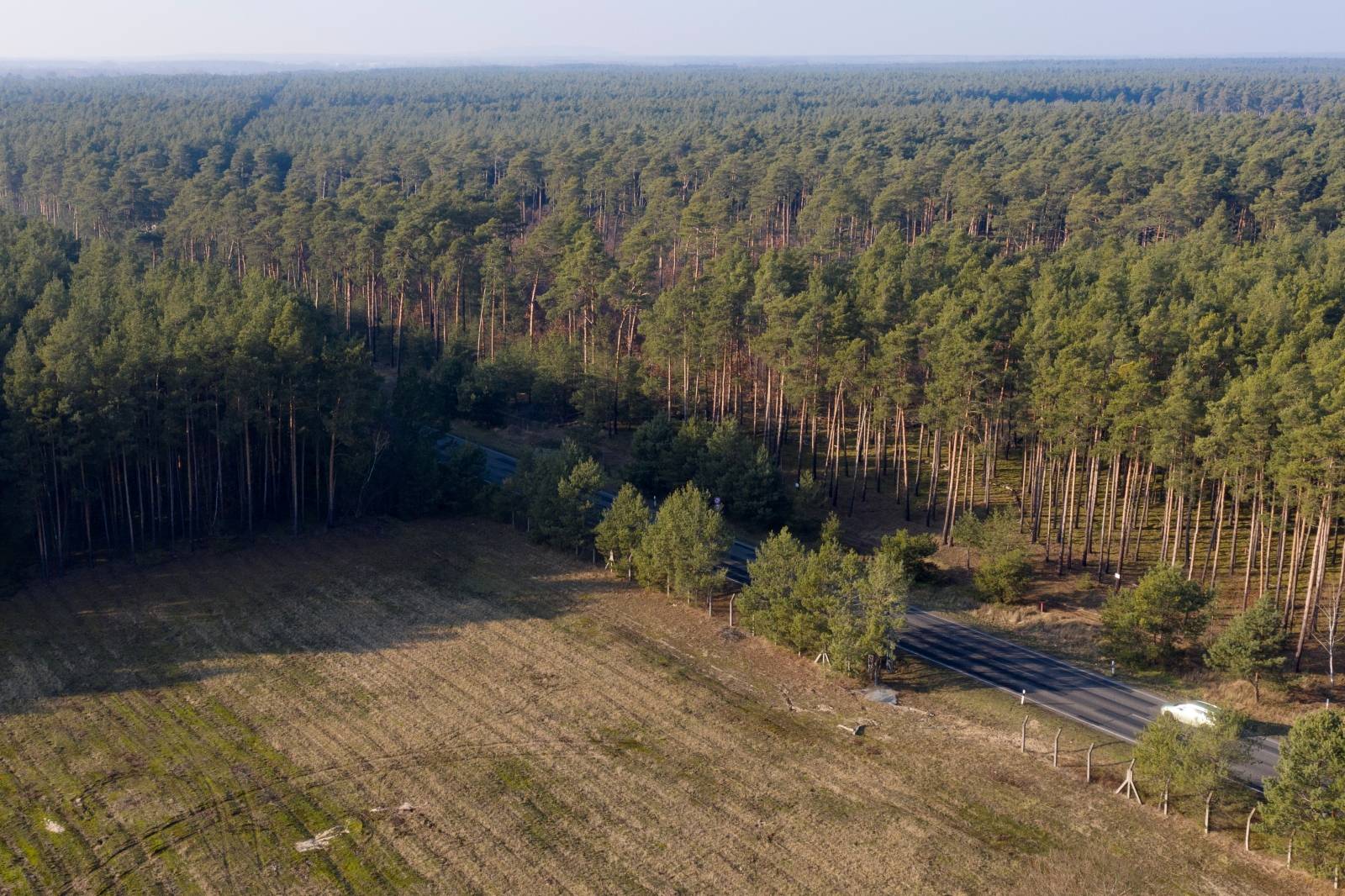 An aerial picture shows the area where the U.S. electric vehicle pioneer Tesla will build its first European factory and design center in Gruenheide near Berlin