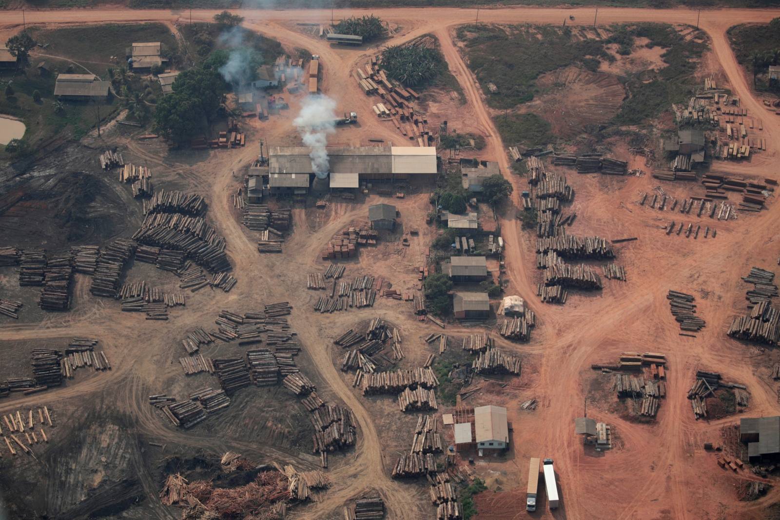 An aerial view of logs illegally cut from Amazon rainforest are seen in sawmills near Humaita