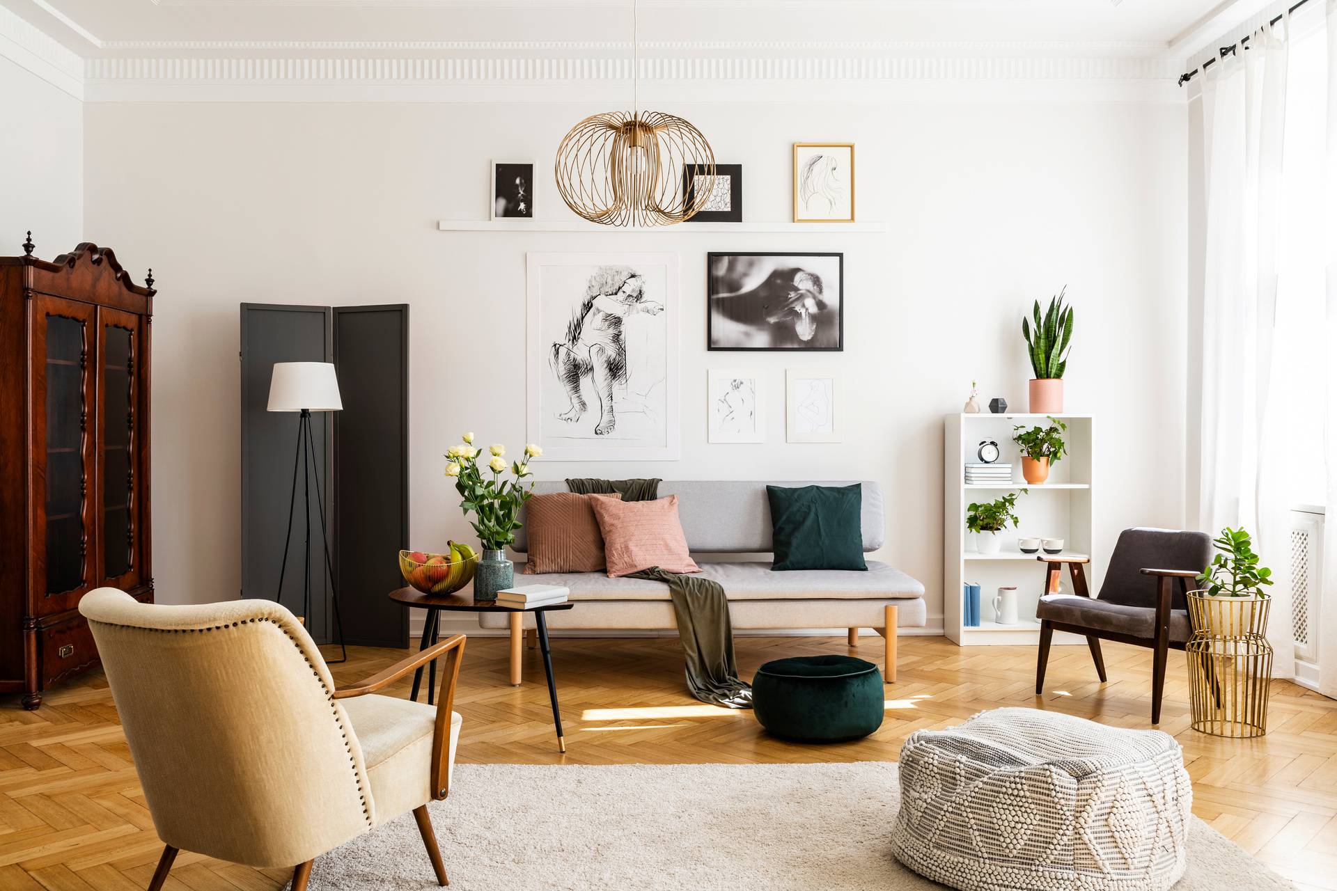 Stylish,Beige,Armchair,And,Pouf,On,The,Cozy,Carpet,In