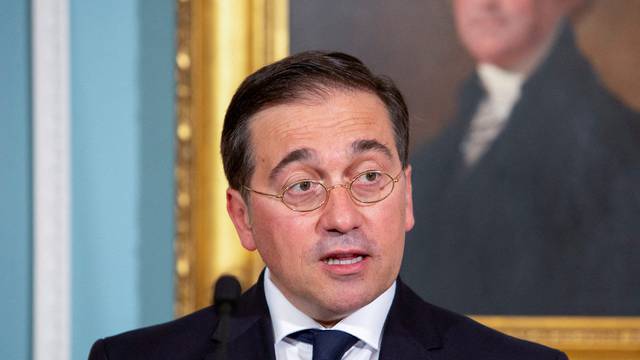 FILE PHOTO: Spanish Foreign Minister Jose Manuel Albares makes a statement during a press conference at the State Department in Washington