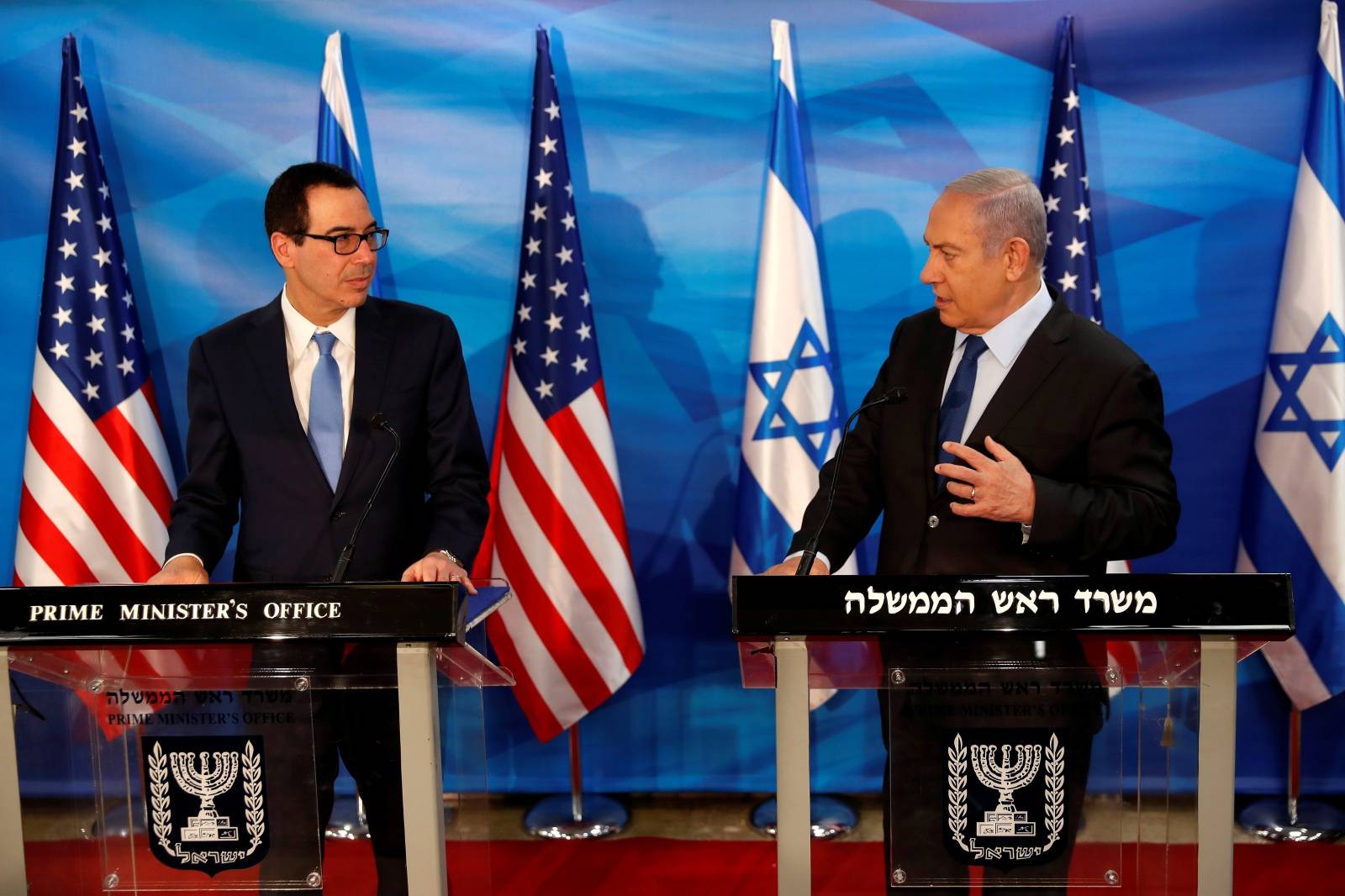 Israeli Prime Minister Benjamin Netanyahu and U.S. Treasury Secretary Steven Mnuchin deliver joint statements during their meeting in Jerusalem
