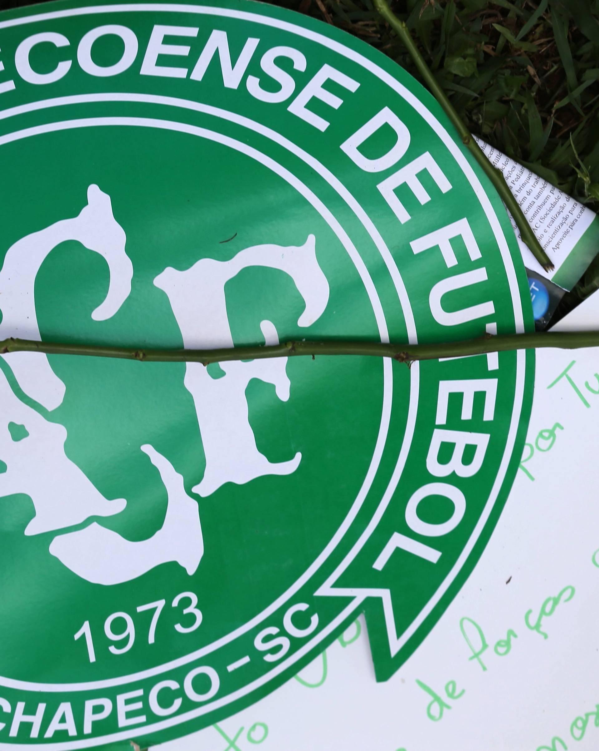 A flower is pictured over a Chapecoense soccer team logo in tribute to their players in front of the Arena Conda stadium in Chapeco
