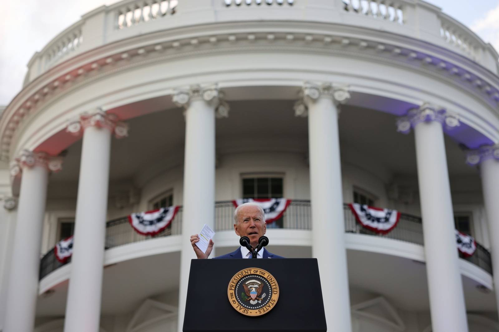 U.S. President Joe Biden delivers remarks at the White House at a celebration of Independence Day in Washington