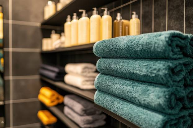 Soft towels and beauty products arranged neatly on shelves in a modern bathroom