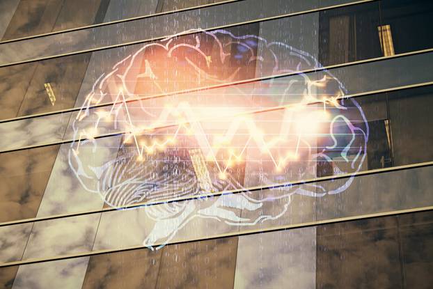 Brain hologram drawing on city scape background Double exposure. Brainstorming concept.