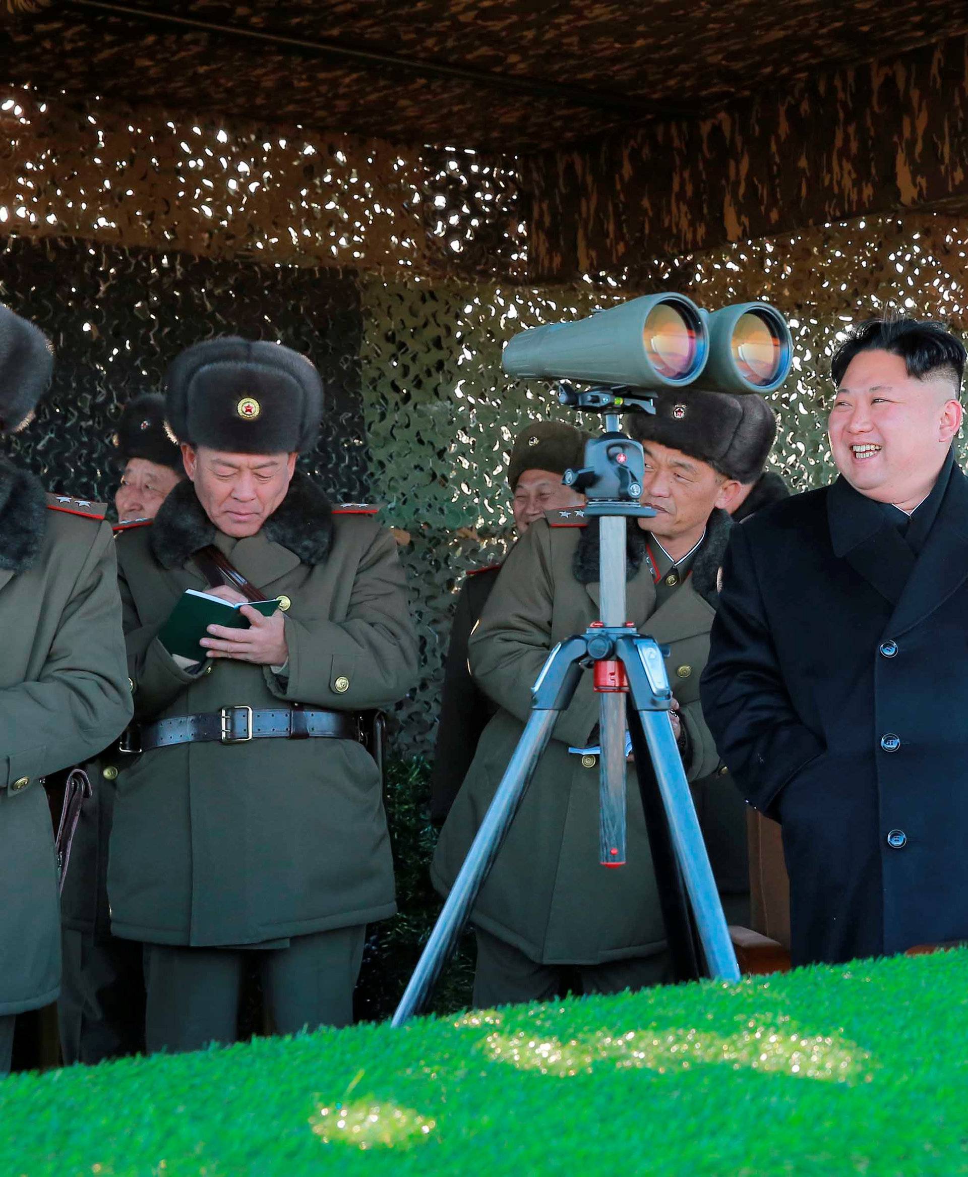 North Korean leader Kim Jong Un attends an intensive artillery drill of the KPA artillery units