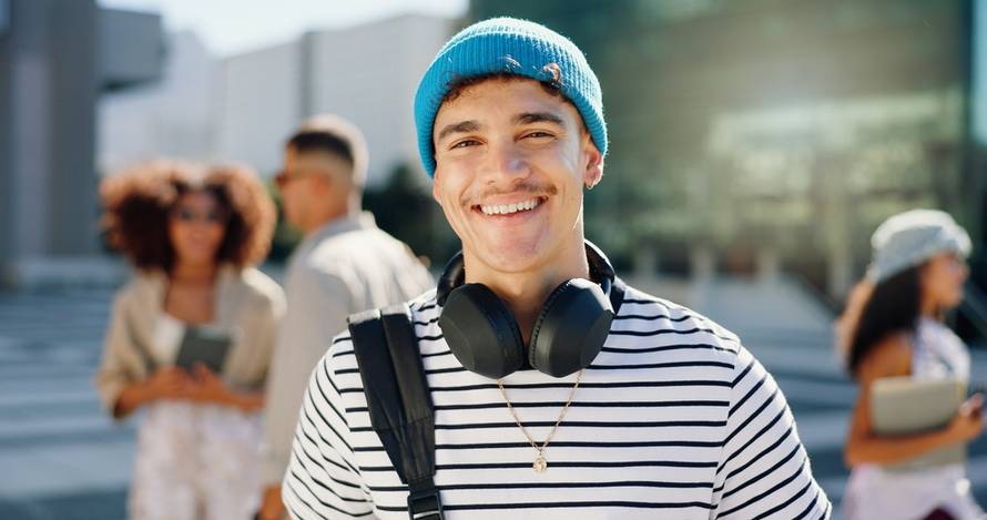 Headphones,,Student,And,Portrait,Of,Happy,Man,In,City,For