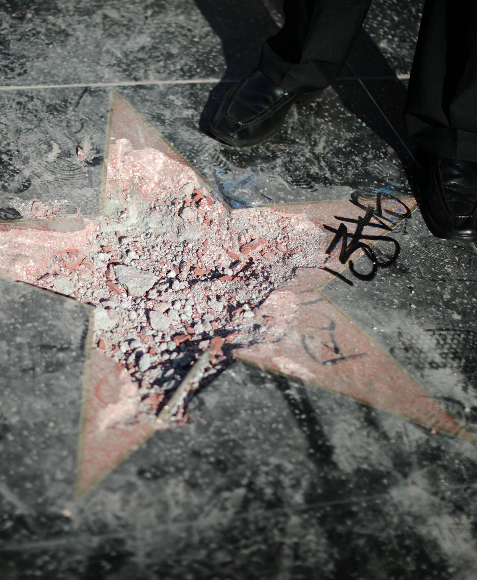 President Donald Trump's star is seen after it was vandalized on the Hollywood Walk of Fame in Hollywood, Los Angeles
