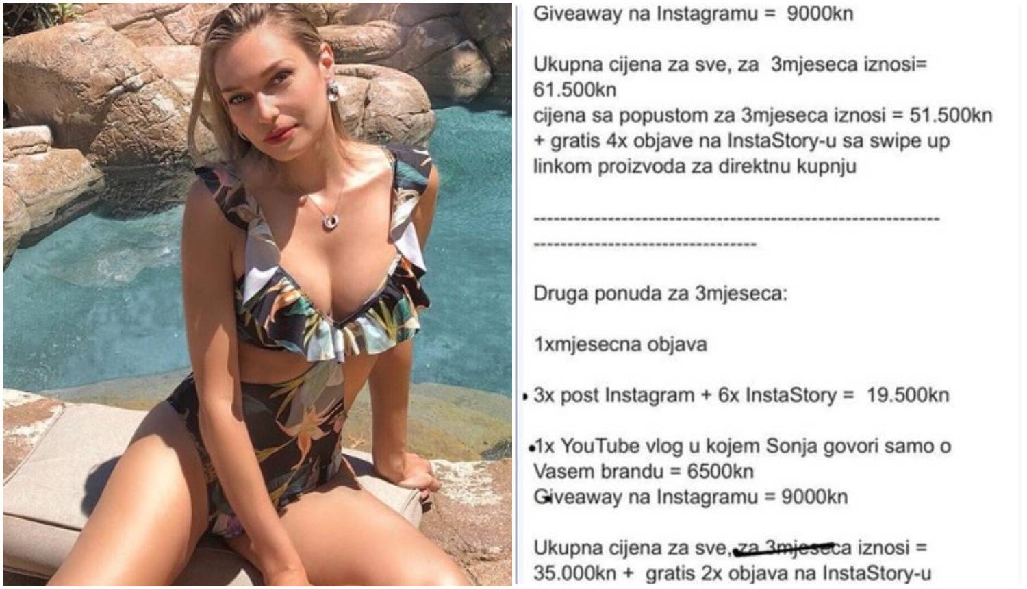 Sonja objavila cijene usluga na Instagramu: Cifre do 61.500 kn