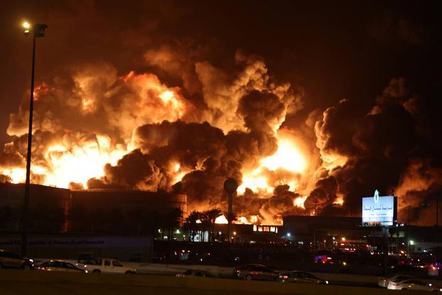 A view of a fire at Saudi Aramco's petroleum storage facility, in Jeddah