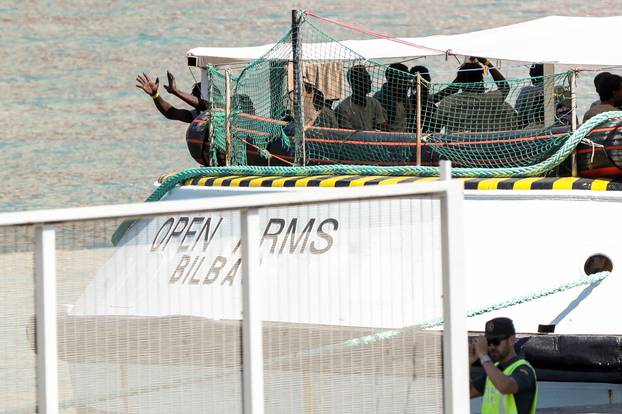 The Open Arms rescue boat run by the Spanish Proactiva Open Arms charity, arrives to port in Barcelona