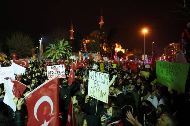 People take part in a protest on the day Istanbul Mayor Ekrem Imamoglu was jailed as part of a corruption investigation, in Istanbul