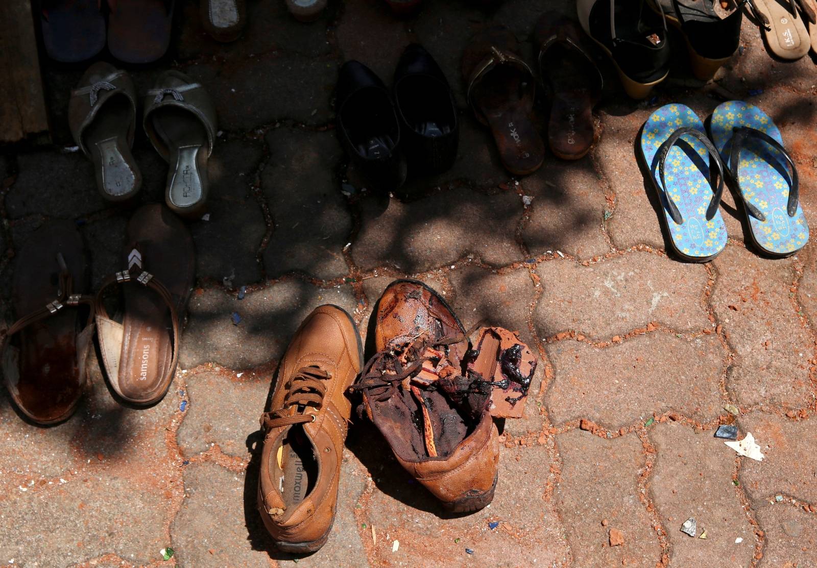 Blood is seen on a pair of shoes at St. Sebastian Catholic Church in Negombo