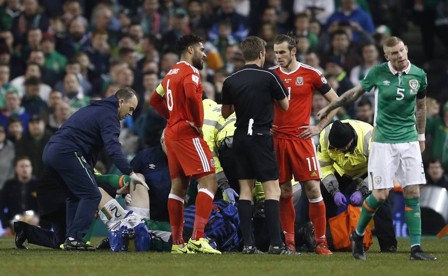Wales' Gareth Bale and Ashley Williams with referee Nicola Rizzoli as Republic of Ireland's Seamus Coleman receives medical attention