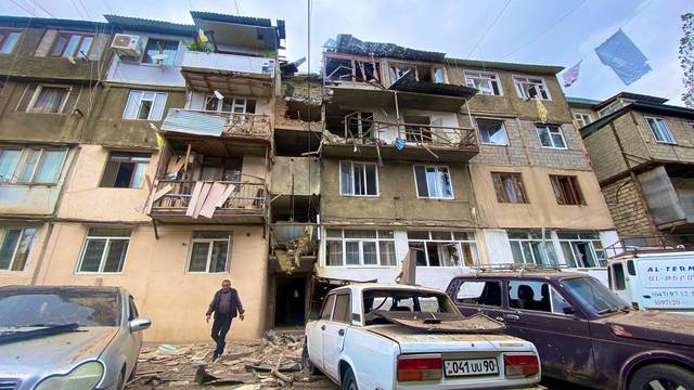 A view shows a damaged residential building in Nagorno-Karabakh