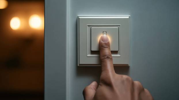 Hand Pressing Light Switch with Soft Glow in Modern Interior Setting Creating Warm Ambiance and Inviting Atmosphere for Home Living Space