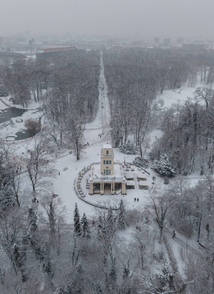 Snow-covered Maksimir park in Zagreb